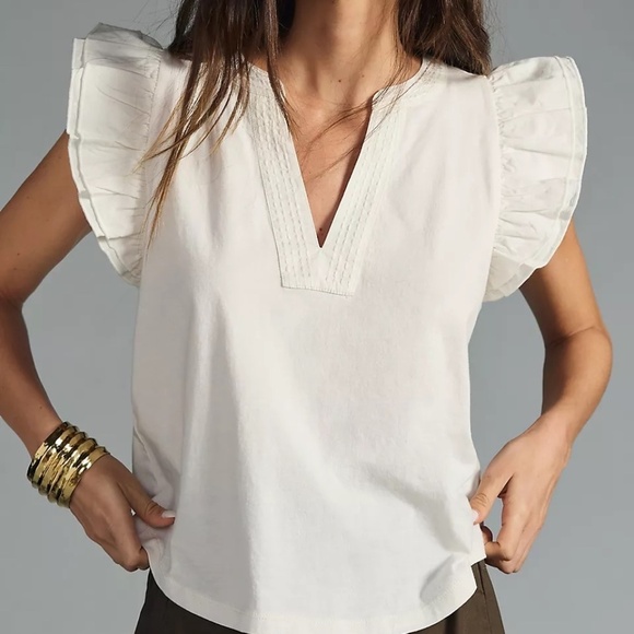 NWT Anthropologie Maeve Ivory Ruffle Sleeve Top 1X - Picture 3 of 4